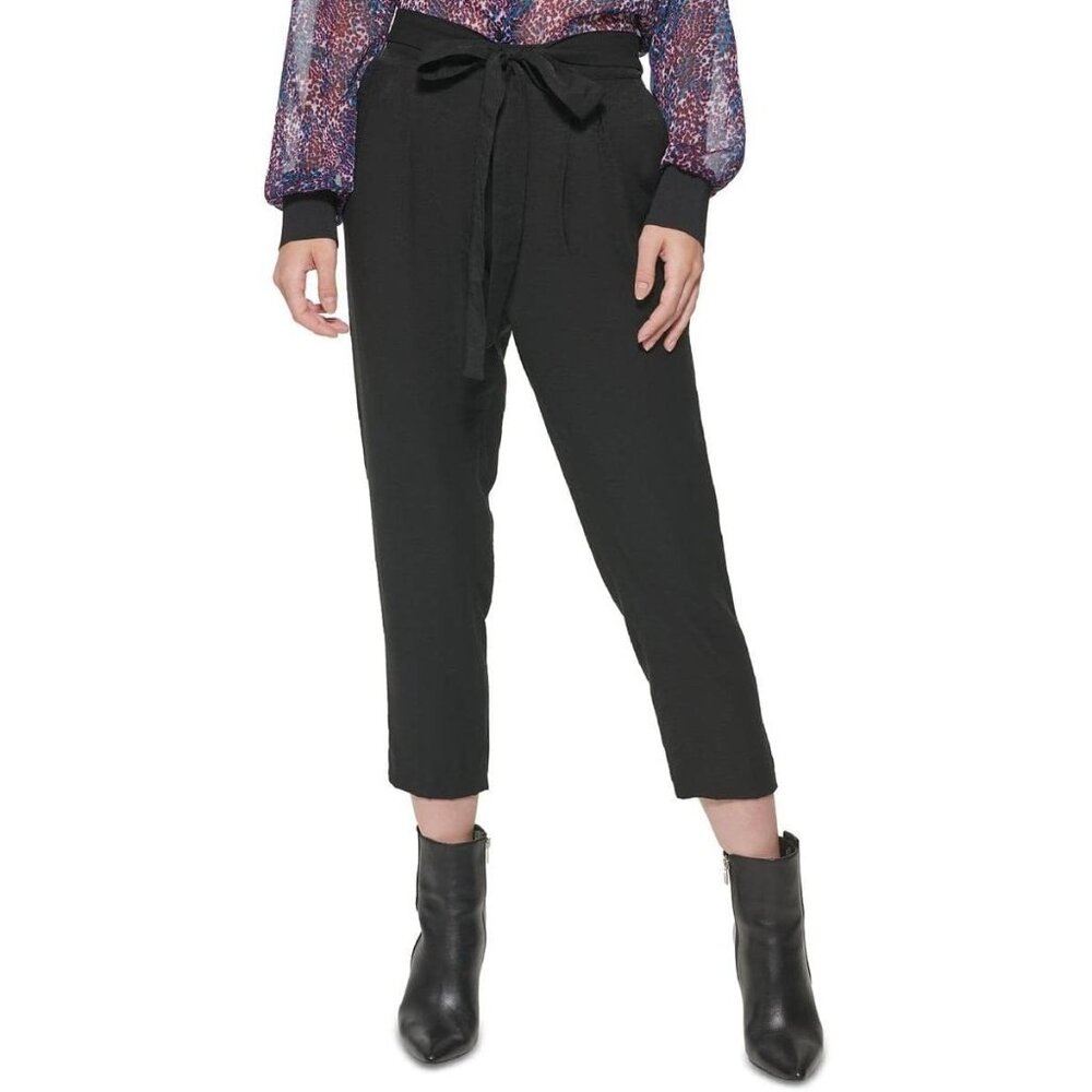 DKNY Womens Ankle Paperbag Pants Belted Flat Front Solid Black Size 6